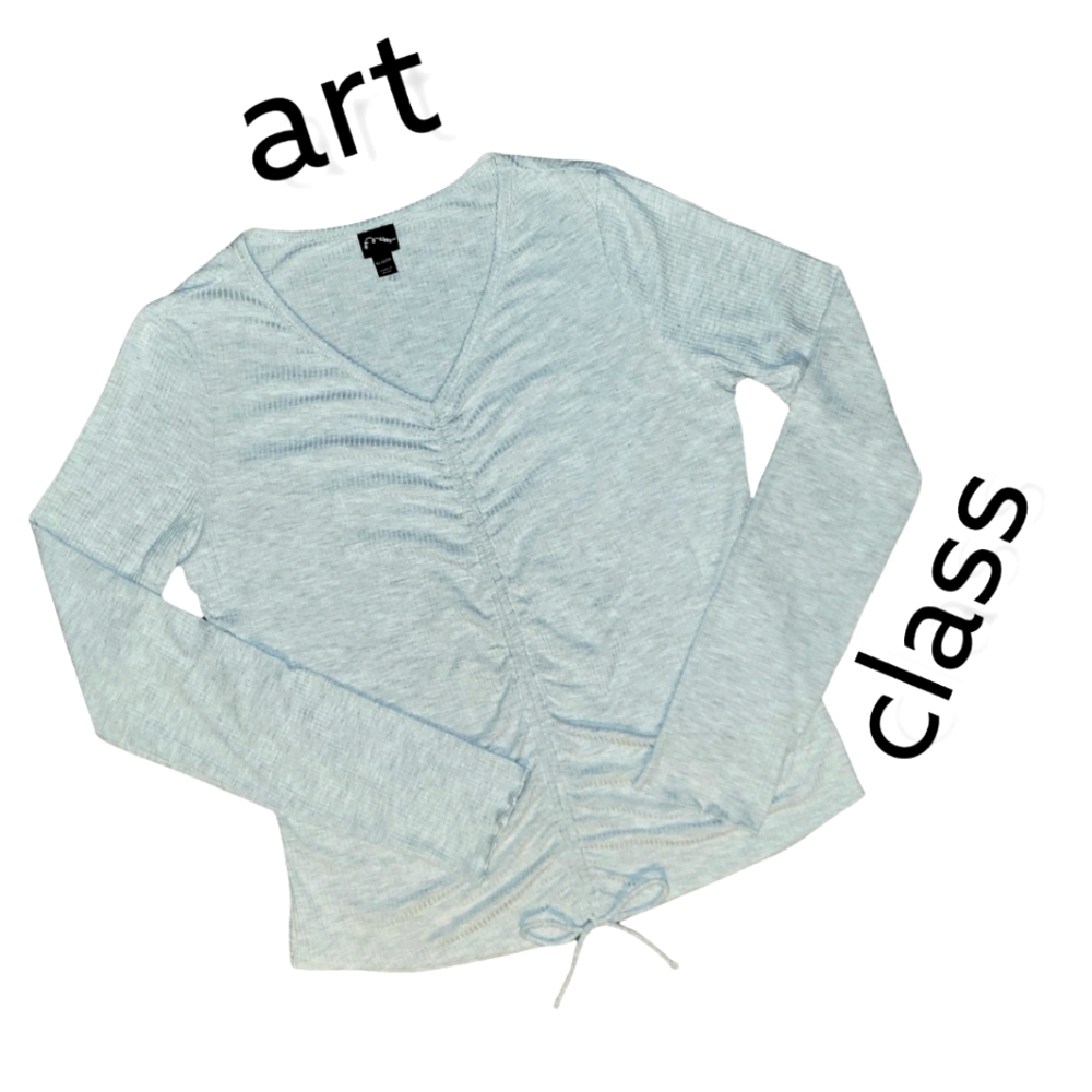 V-Neck Light Grey Rib knit Long Sleeve Top Girl's Size XL